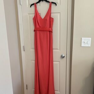 White by Vera Wang Coral Formal Designer Peachy Pink Belted Maxi Dress Gown